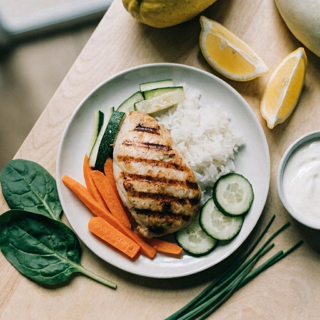 IBS diet plate with low-FODMAP foods: salmon, rice, spinach and blueberries