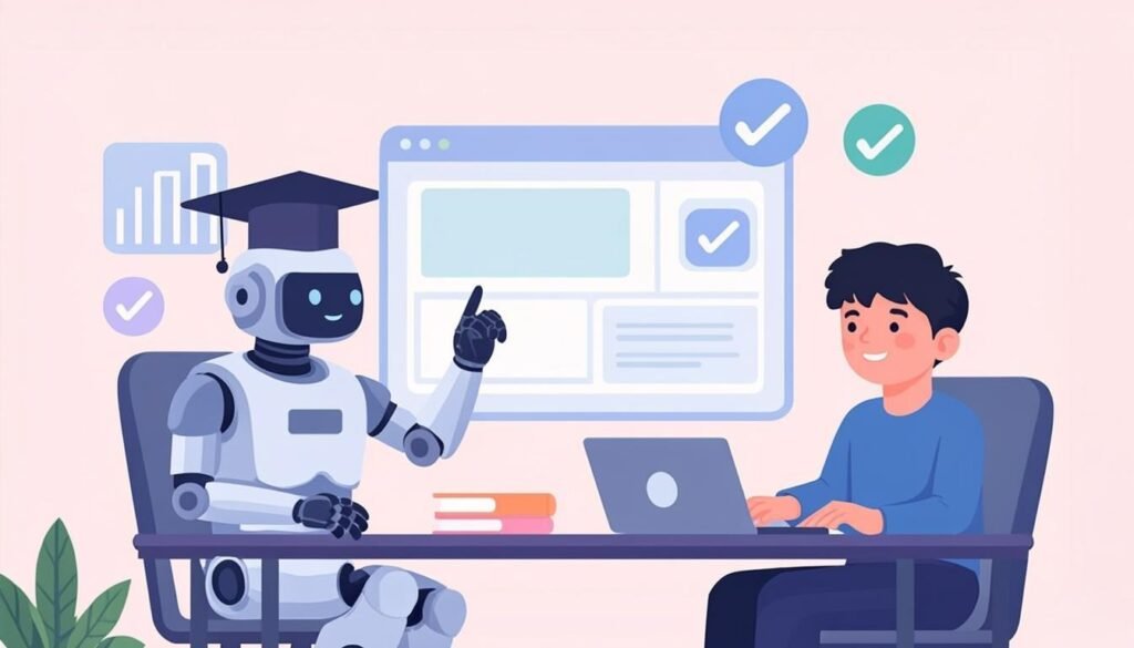 AI robot tutor with a graduation cap teaching a student beside a laptop and floating learning cards - best AI tutoring tools of 2026 compared