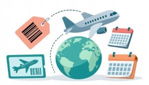 Cheap flights in 2026: airplane over a globe with price tags, flat illustration