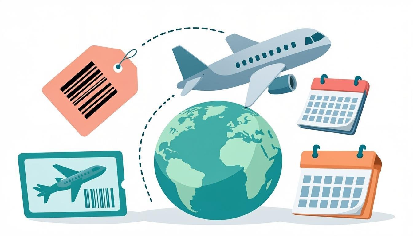 Cheap flights in 2026: airplane over a globe with price tags, flat illustration
