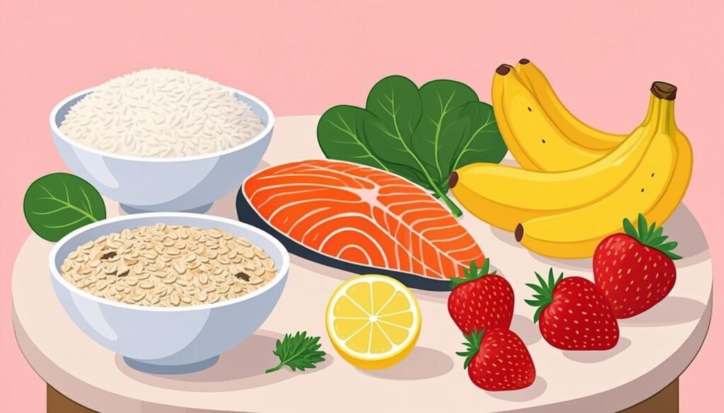 Low FODMAP recipes: bowls of rice, salmon, carrots, strawberries and oats on a green table