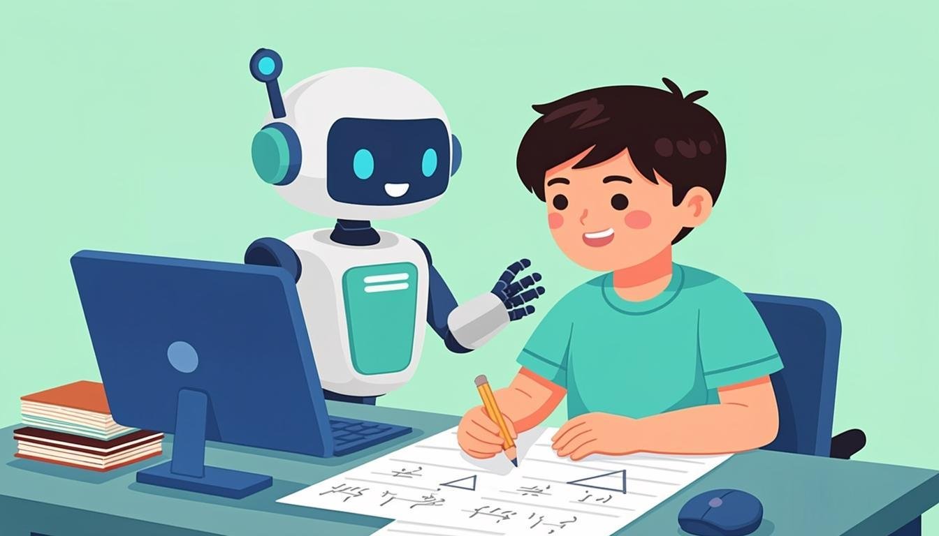 Solvely AI review 2026: AI study assistant helping a student, flat illustration